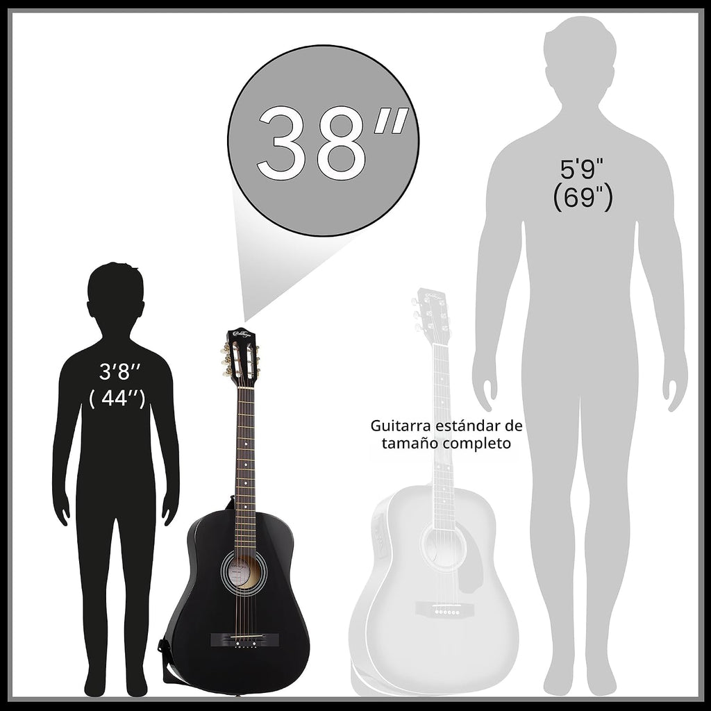 Ashthorpe Guitarra acústica para principiantes de 38 pulgadas (negra), kit de inicio con bolsa de concierto, cuerdas adicionales, correa, púas y lecciones