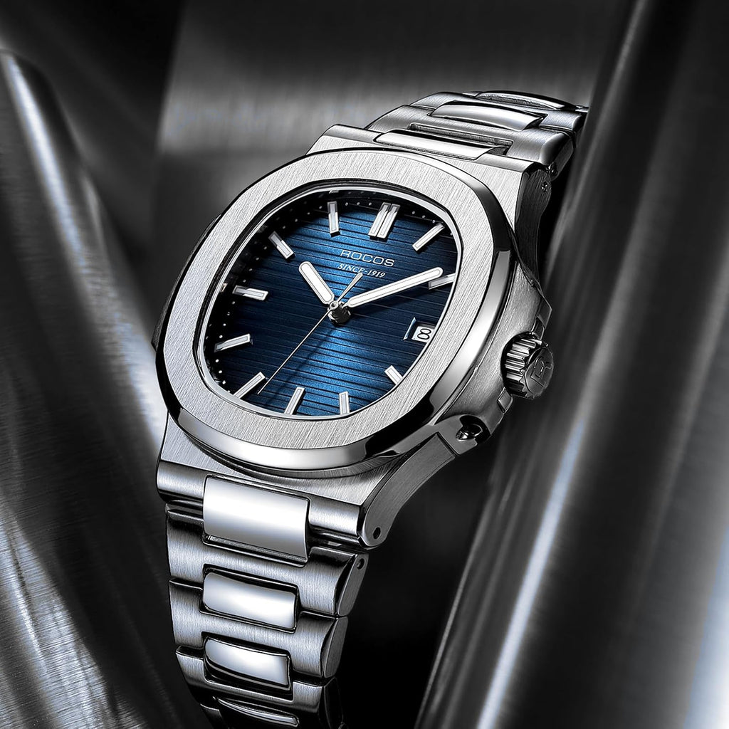 ROCOSJEWE Reloj de vestir azul de lujo clásico reloj mecánico automático de los hombres reloj de pulsera resistente al agua fecha visualización luminosa dial pulsera de acero inoxidable regalo para