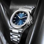 ROCOSJEWE Reloj de vestir azul de lujo clásico reloj mecánico automático de los hombres reloj de pulsera resistente al agua fecha visualización luminosa dial pulsera de acero inoxidable regalo para