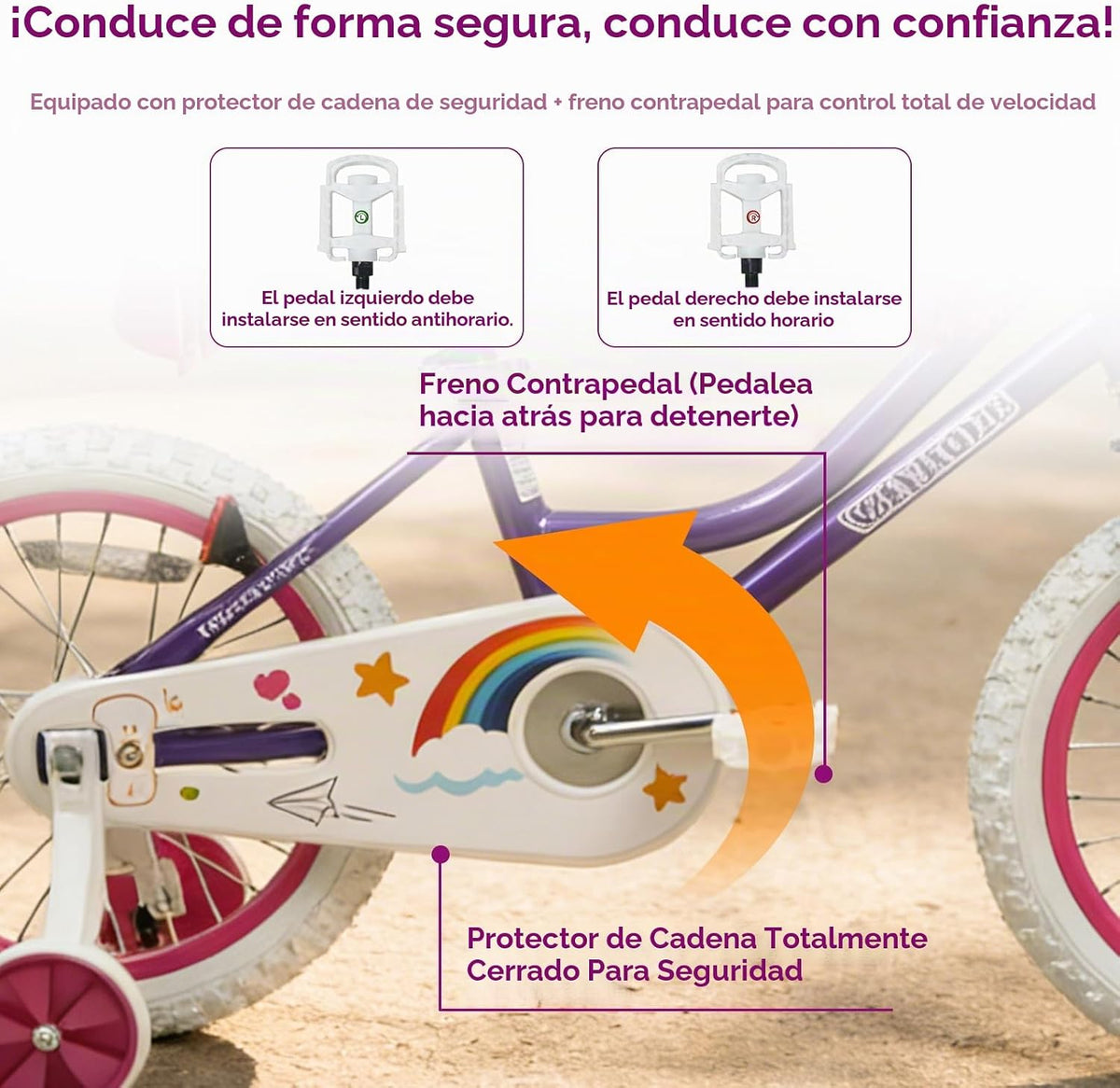 Bicicleta WinHope Fairy Girls con Asiento para Muñeca, Bicicleta Infantil de 12-20 Pulgadas para Edades 2-12