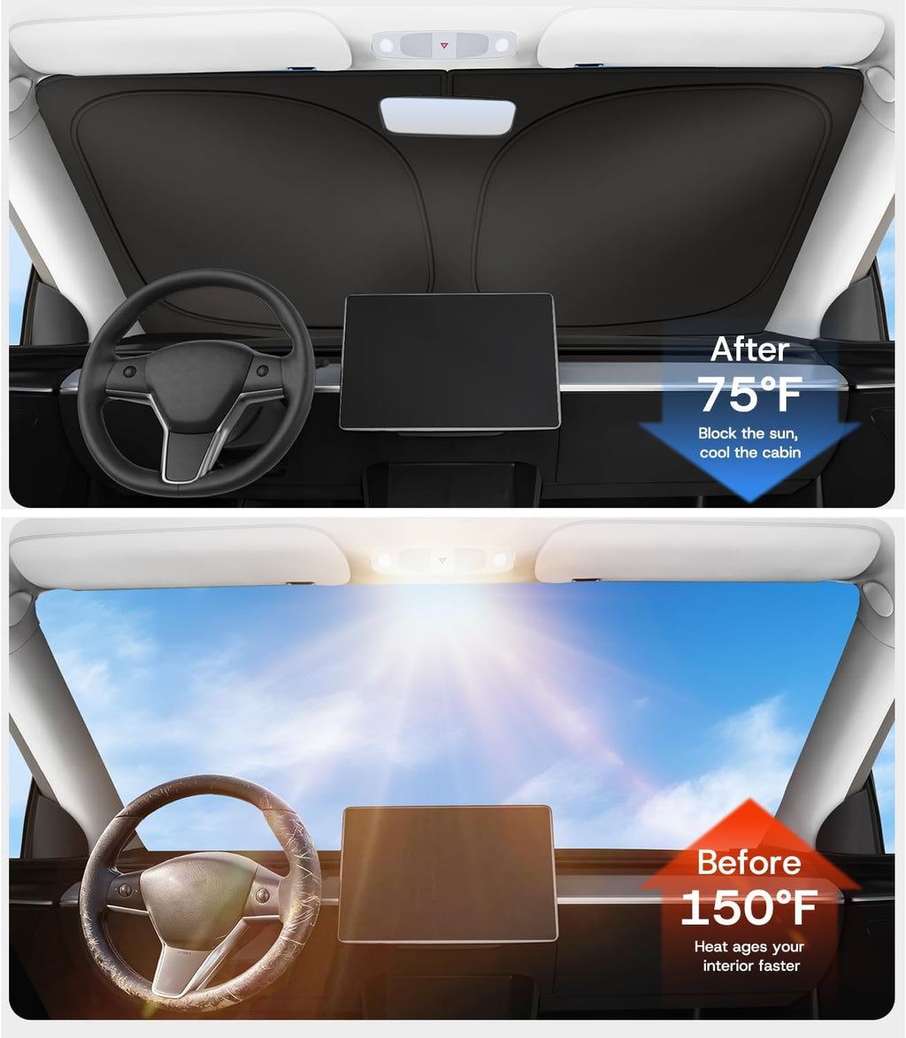 Parasol para parabrisas para Tesla modelo Y/3 2016-2026 (Juniper/Highland), [100% bloqueador solar y antiarrugas] protección UV, aislamiento térmico, cubierta de ventana delantera para Tesla