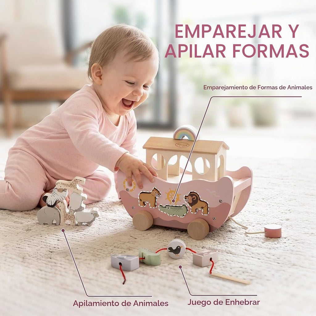 Joyreal Juguete de madera rosa del arca de Noé para regalos de bautismo de