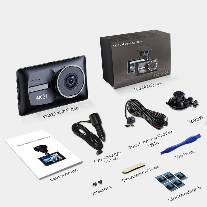 Cámara de tablero de auto dual delantera y trasera 4K