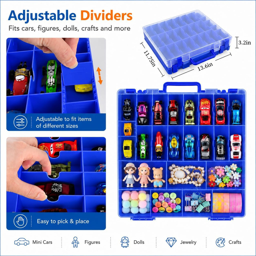 Organizador de juguetes de almacenamiento compatible con Hot Wheels Car, contenedor para coches de fósforos, mini juguetes, muñecas pequeñas, caja de transporte de doble cara para autos