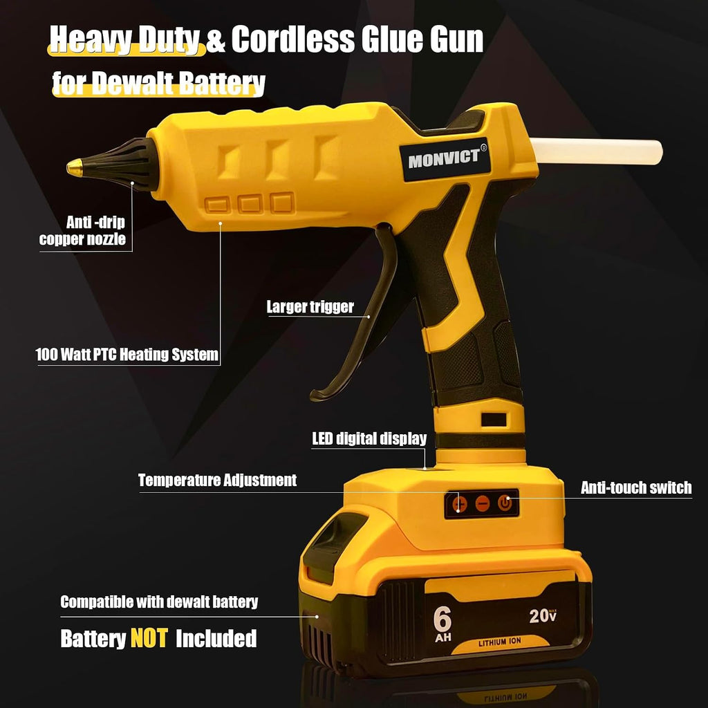 Pistola de pegamento sin cable para batería Dewalt 20V, pistola de pegamento caliente eléctrica portátil de tamaño completo de 100W de potencia eléctrica con temperatura digital ajustable