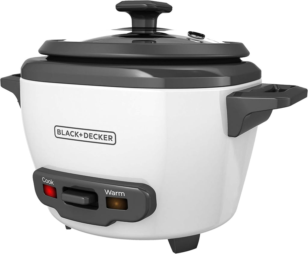 BLACK+DECKER Arrocera de 3 tazas, RC503, 1.5 tazas de arroz crudo, cesta de vapor, cuenco antiadherente extraíble, un toque, blanco