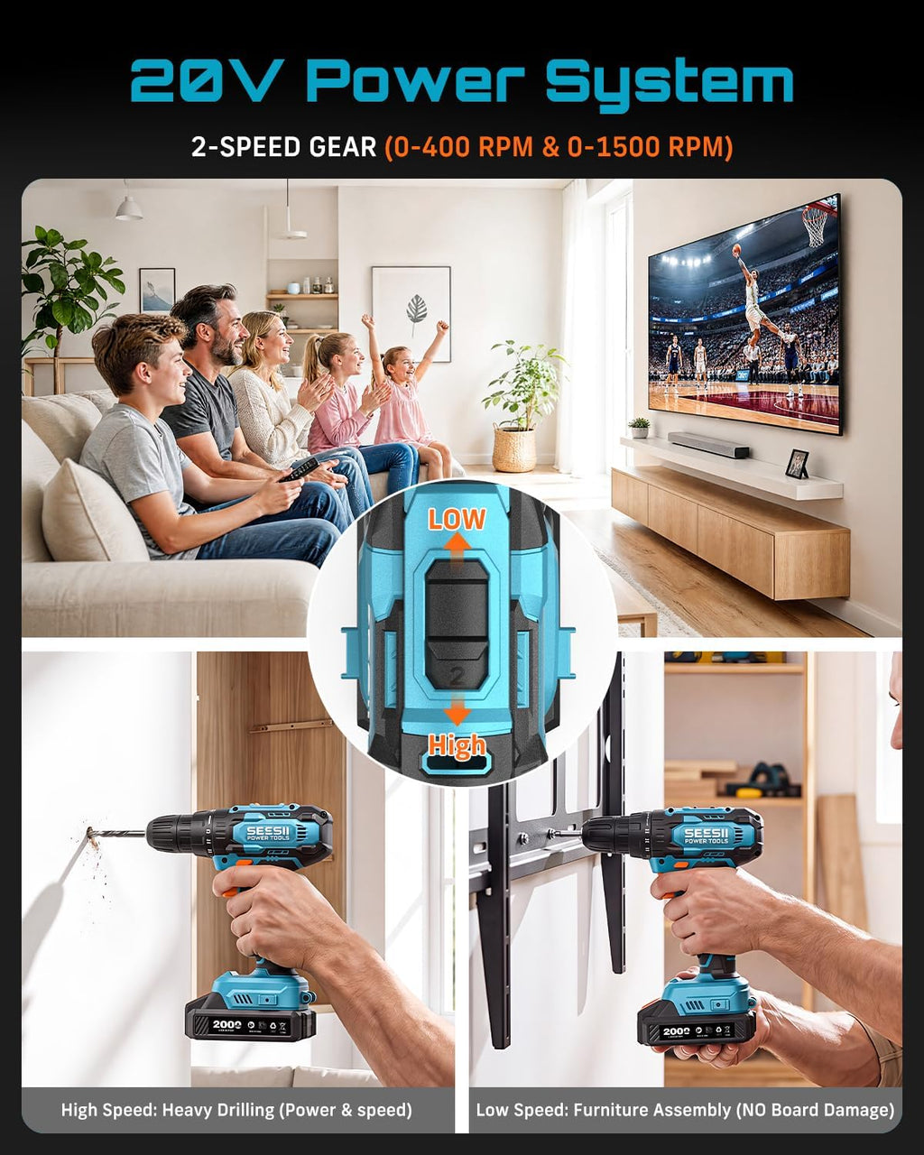 Seesii - Juego de taladro eléctrico de 20 V, kit de herramientas de 183