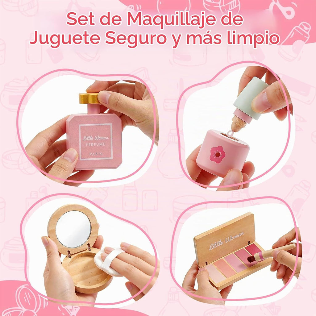 Juego de juguetes de maquillaje de madera para niñas, kit de maquillaje para niños de 3 a 5 años con sombra de ojos, rímel, perfume, rubor, espejo, bolsa, regalos de cumpleaños para niñas