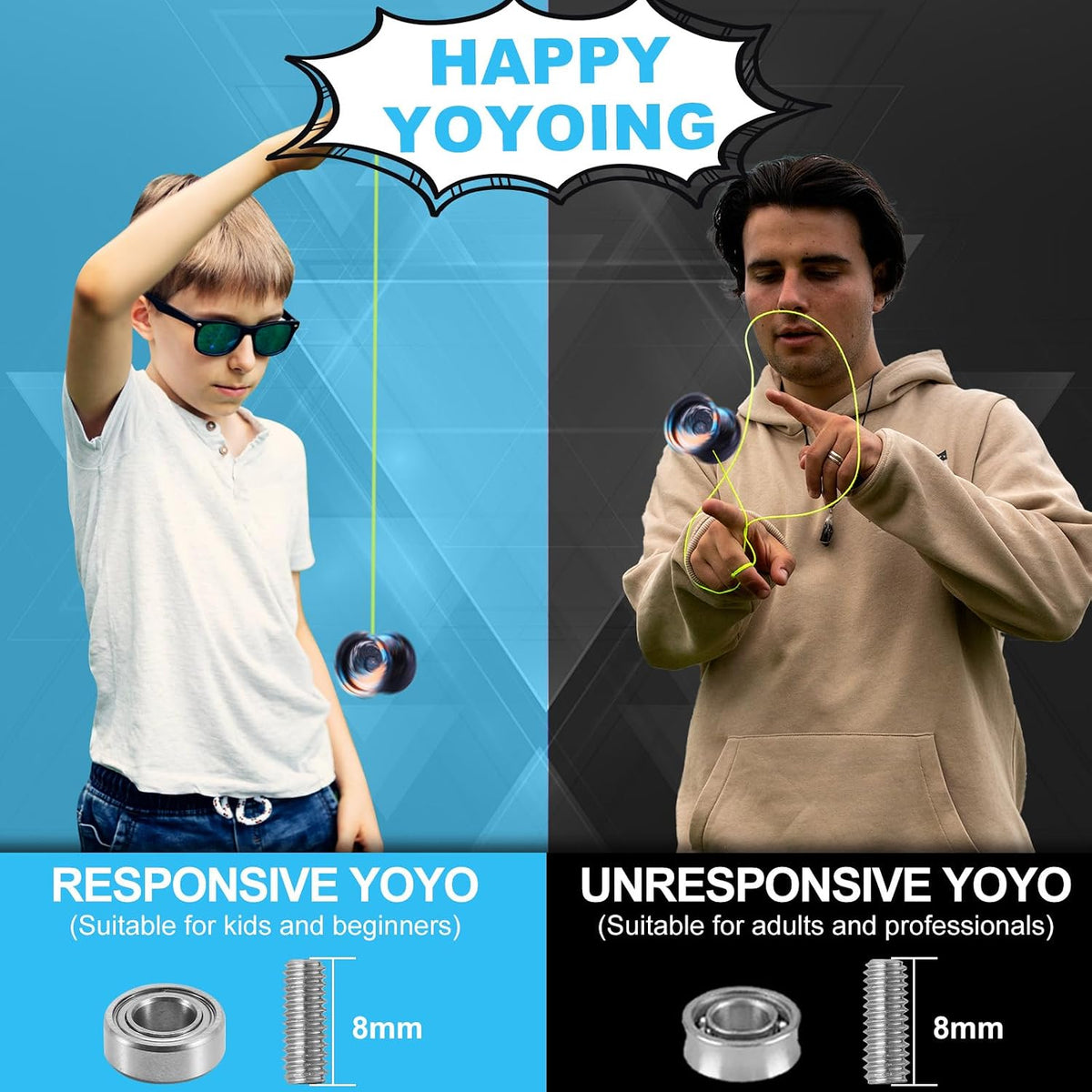 FS23 Finger Spin Yoyo - Yoyo profesional de trucos de metal, sensible y no responde para niños de 8 a 12 años y adultos, doble función Fingerspin trick yoyo con cuerdas y accesorios, negro, azul y