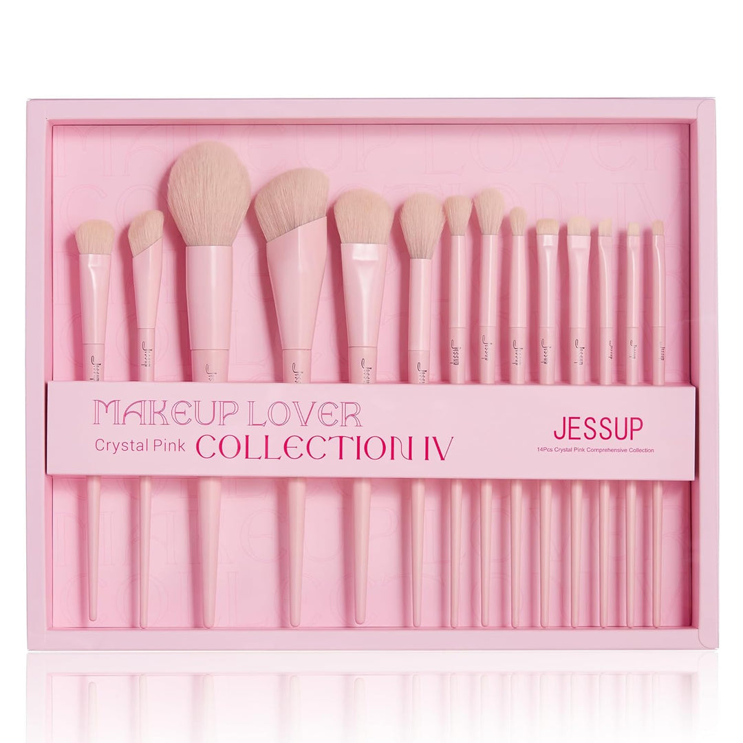 Jessup Juego de brochas de maquillaje rosa, 14 piezas, brochas de m...