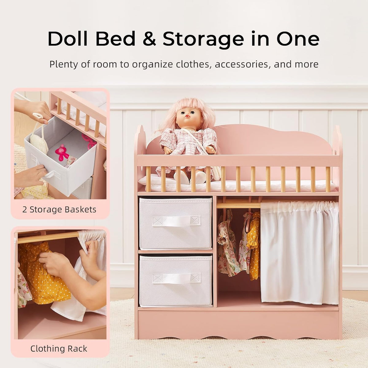 OOOK Cuna de muñeca de bebé, cama de madera para muñecas y cambiador con
