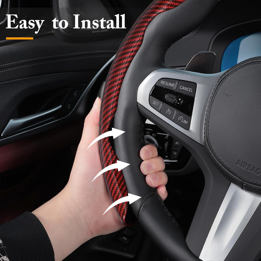 Funda de volante de fibra de carbono, juego de accesorios para volante de coche con ajuste de 3 piezas, protector antideslizante con agarre envolvente, universal, rojo brillante