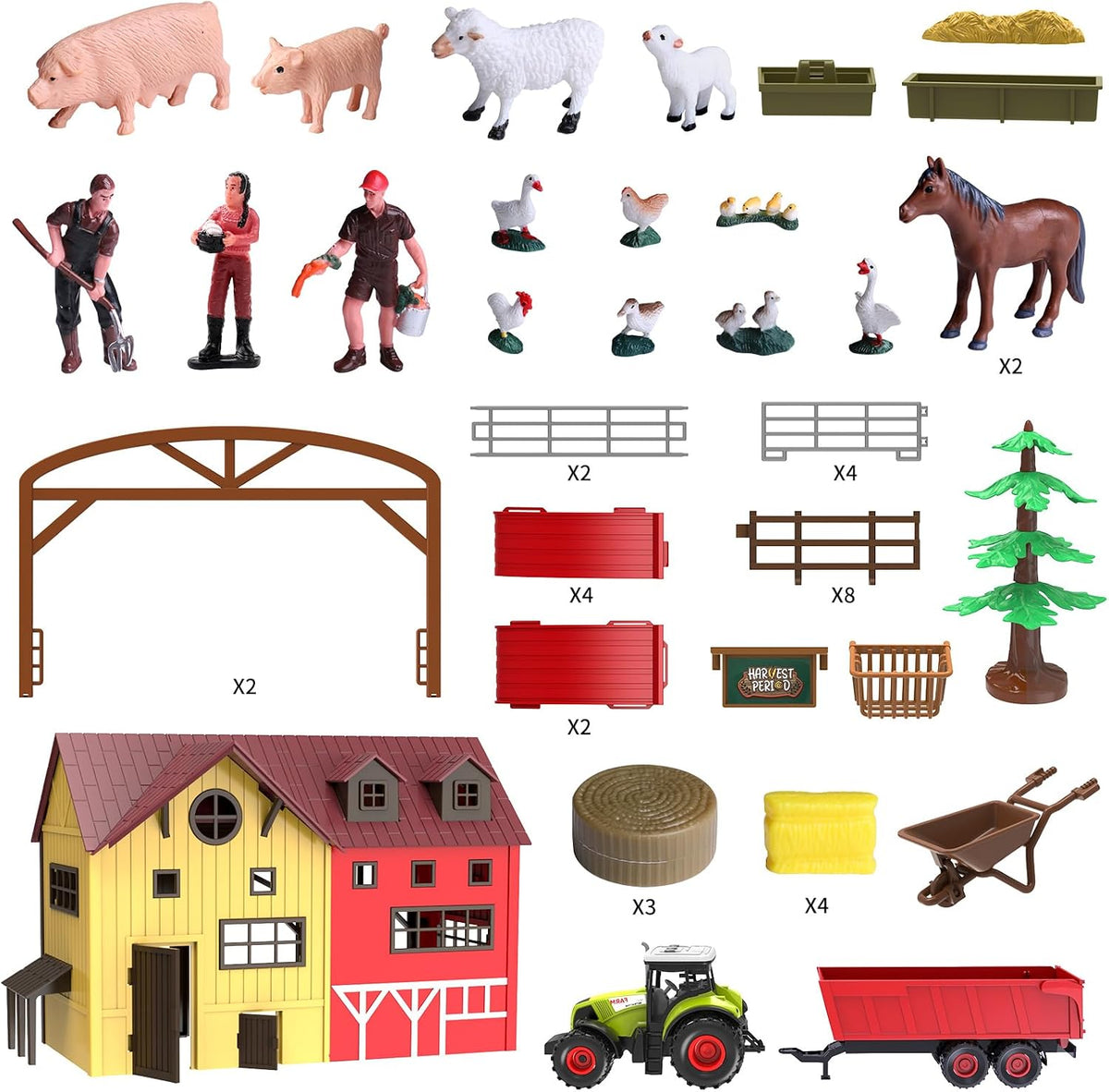 Juguetes de animales de granja para niños, remolque de tractor con luces y sonido, juego de granero de granja, establo de caballos, accesorios de granja, cerdo, oveja, pato ganso, regalos de