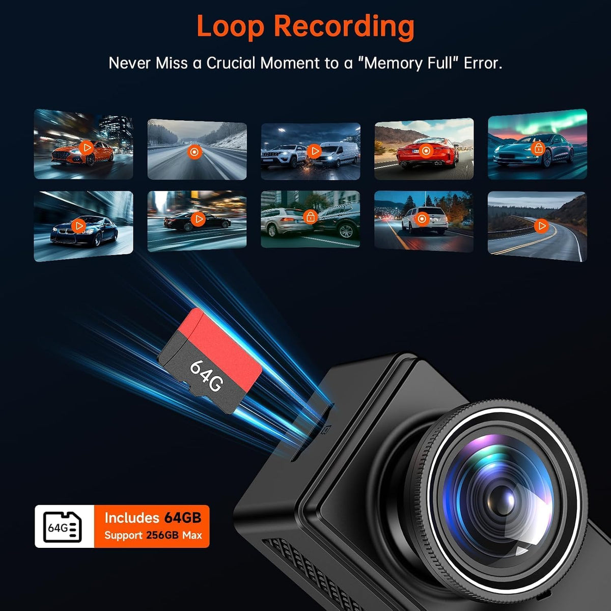 Cámara frontal y trasera, cámara de tablero 4K con tarjeta de 64 GB