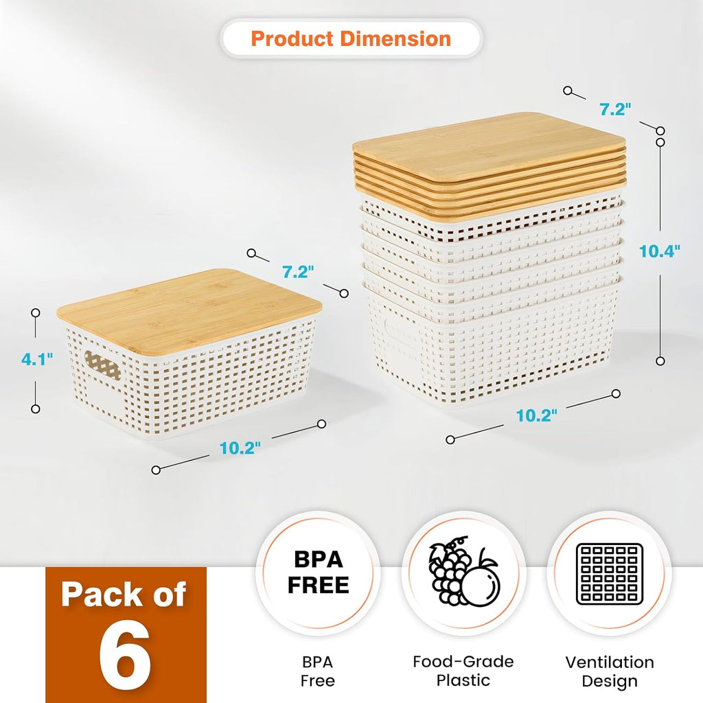 Ohmlove 6 Pack Plastic Storage Baskets con Bamboo Lids para Organization