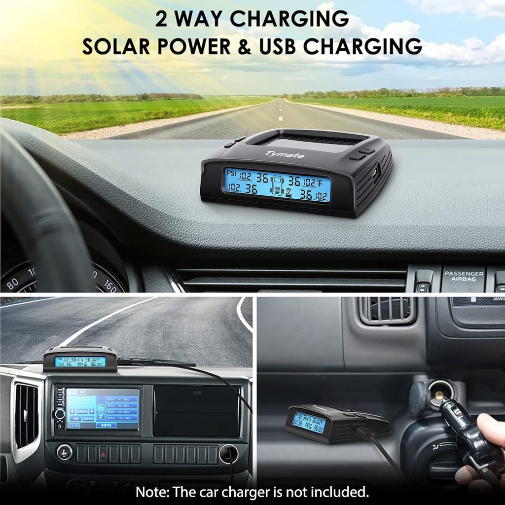 Sistema Tymate de monitoreo de presión de neumáticos para RV - Sistema de monitor de presión de neumáticos M7-3 TPMS (0-87 PSI) con cargador solar, TPMS para RV con 4 sensores y 5 modos de alarma