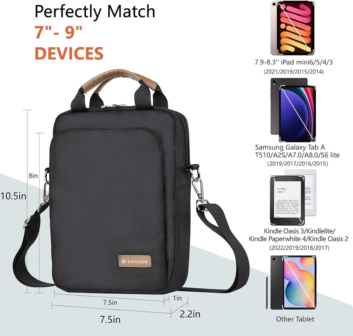 Funda para tablet de 7 a 9 pulgadas, bolsa para iPad mini 6/5/4/3/2, Samsung Galaxy Tab A7 Lite de 8.7 pulgadas/Tab A 8.0 pulgadas, Kindle 2022/10/9/8/7/6, lector electrónico, con correa de hombro extraíble (negro)