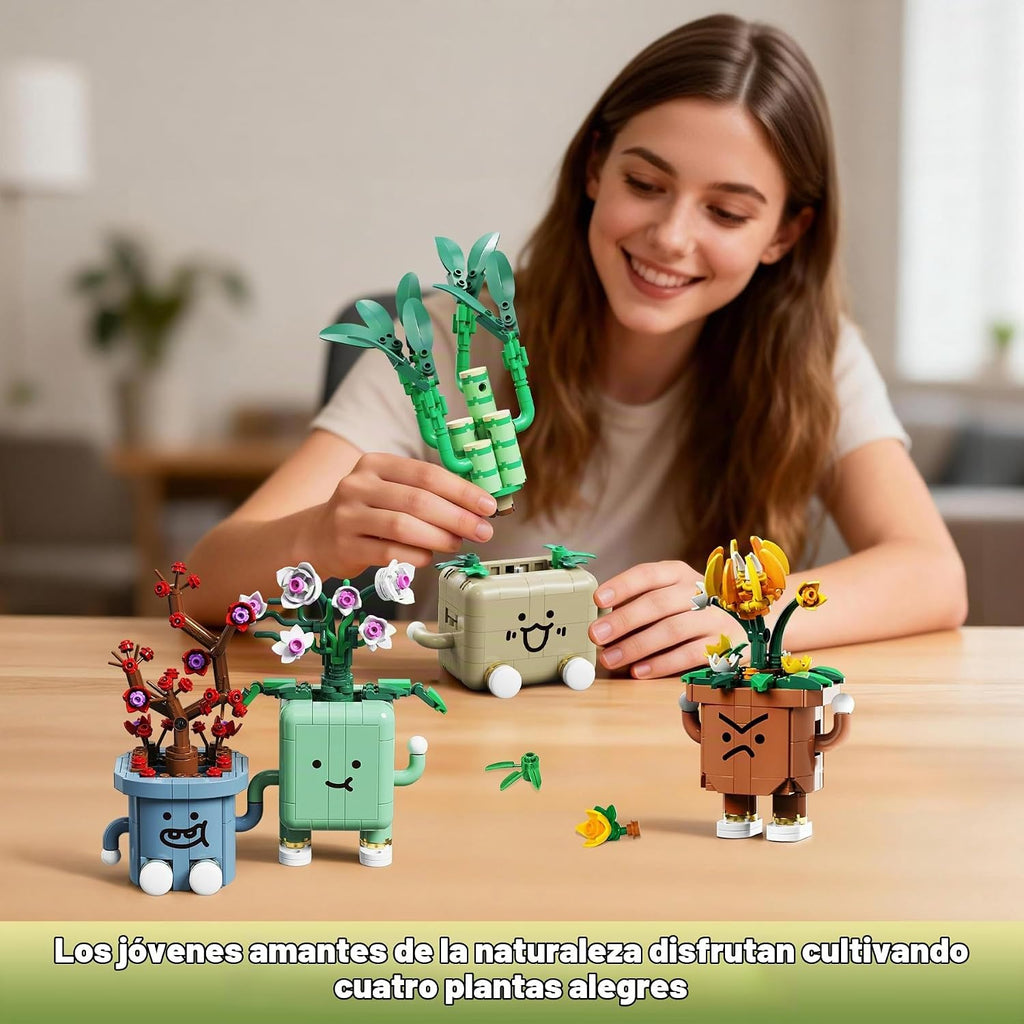 Juego de 4 botánicos de plantas felices, 968 piezas, colección botánica de flores, juguetes de construcción para el hogar, oficina, Navidad, cumpleaños