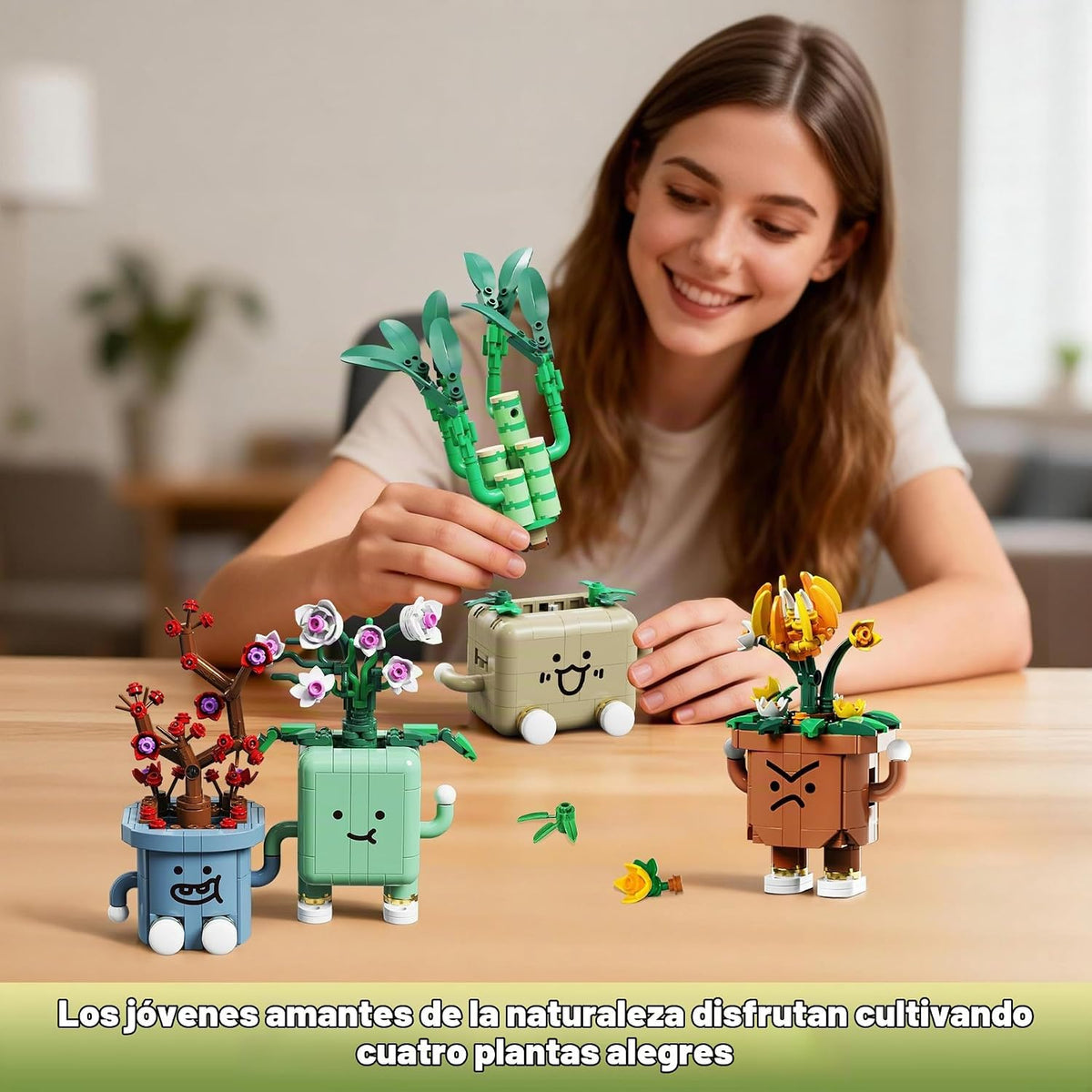 Juego de 4 botánicos de plantas felices, 968 piezas, colección botánica de flores, juguetes de construcción para el hogar, oficina, Navidad, cumpleaños