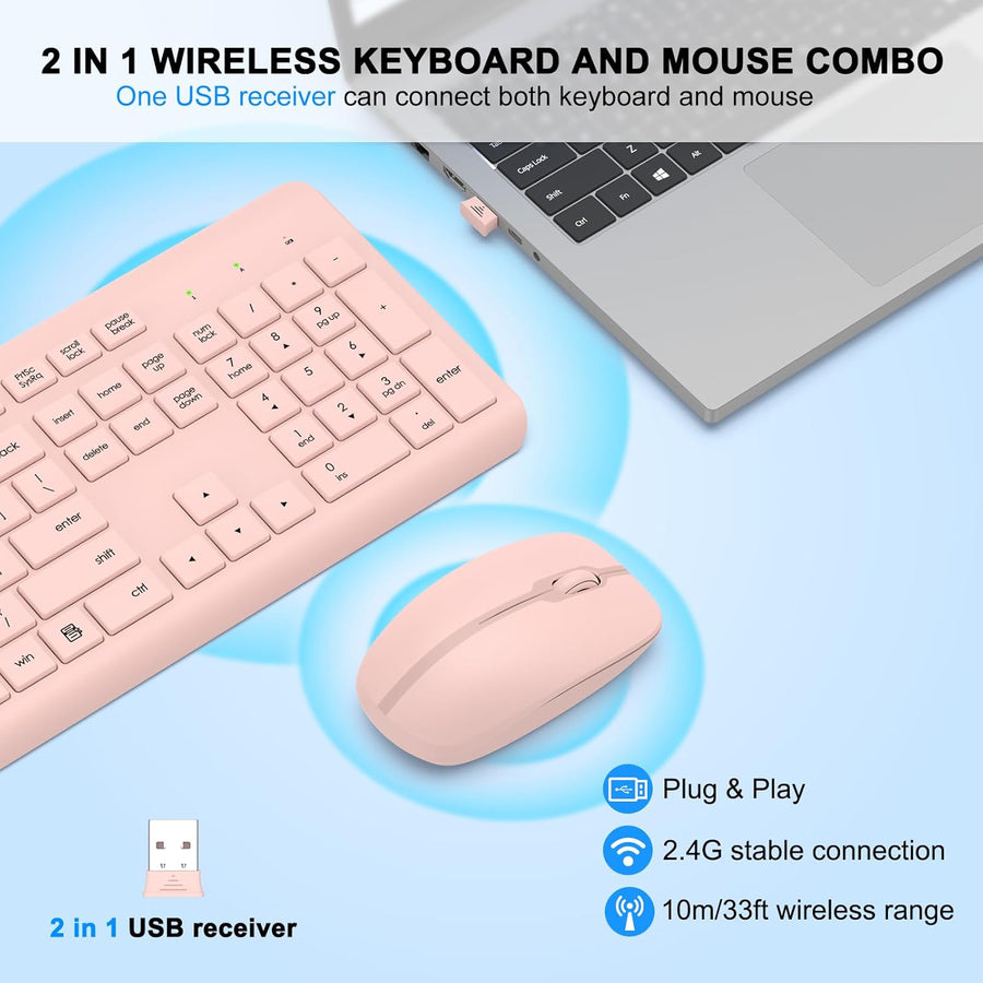 Combo de teclado y mouse inalámbricos, teclado ergonómico silencios...