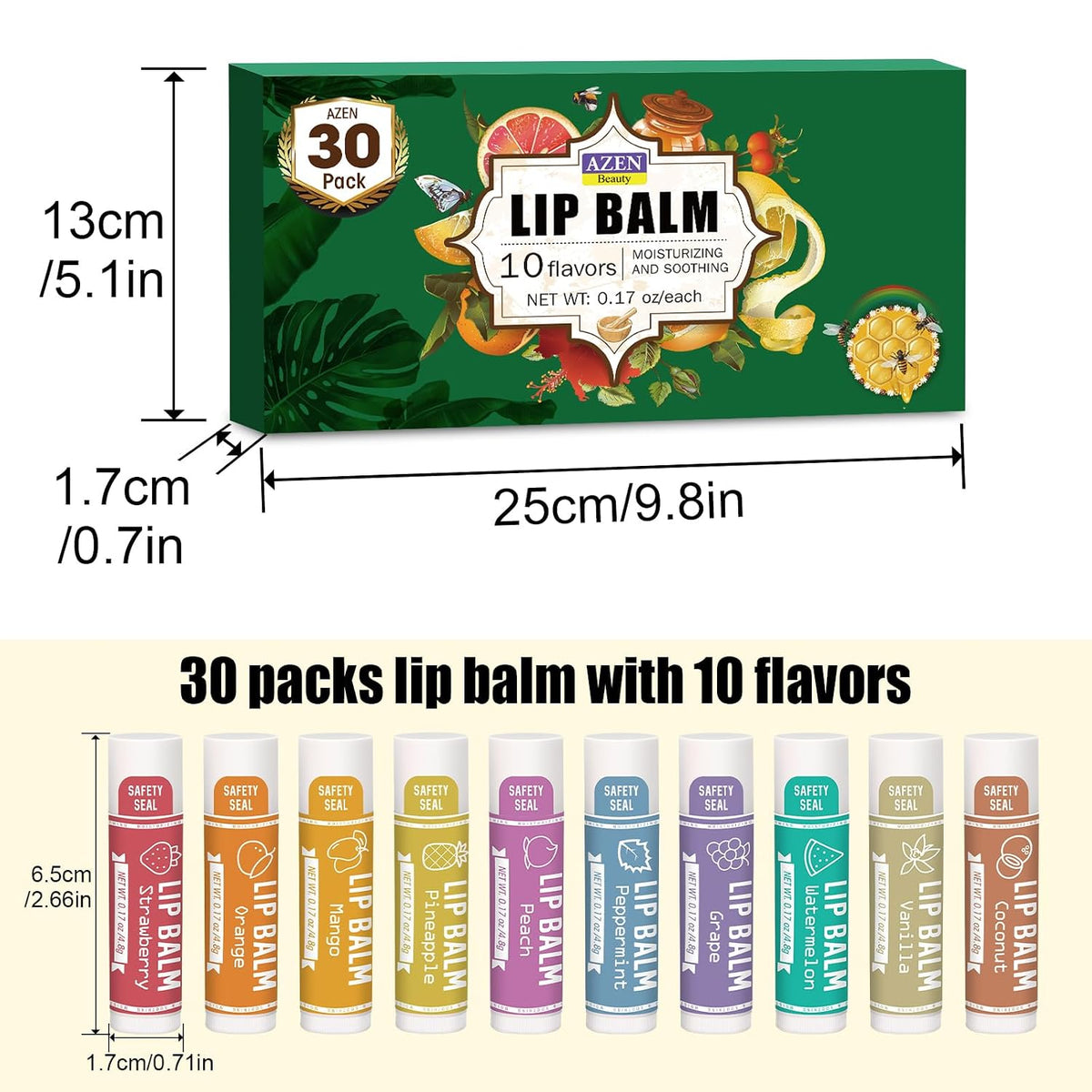 AZEN Paquete de 30 bálsamos labiales, bálsamo labial natural a gran...