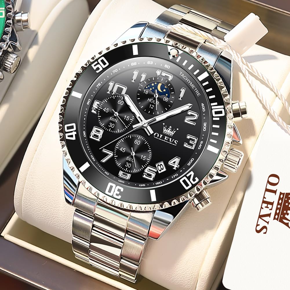 OLEVS Reloj de caballero lujo cronógrafo acero inoxidable pulsera vestimenta impermeable reloj analógico de cuarzo gran esfera luminosa
