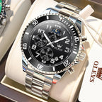OLEVS Reloj de caballero lujo cronógrafo acero inoxidable pulsera vestimenta impermeable reloj analógico de cuarzo gran esfera luminosa