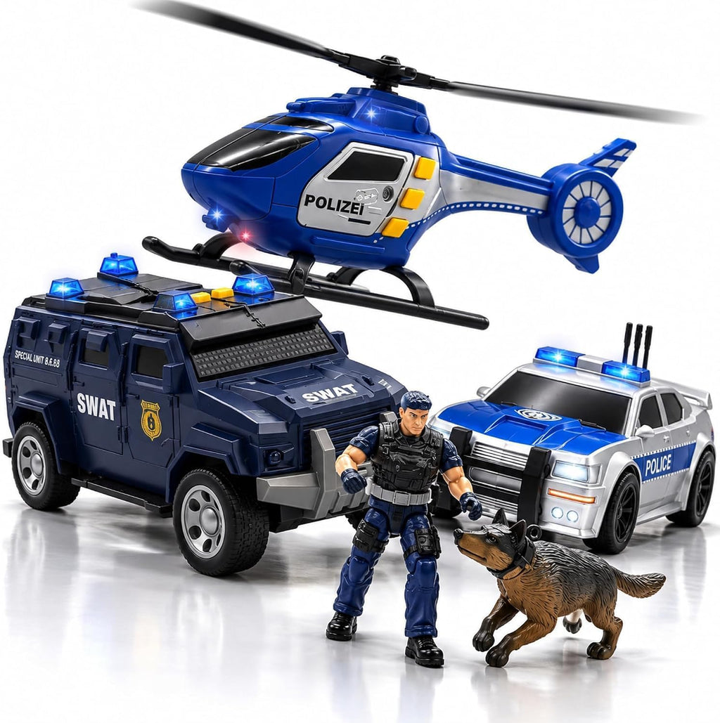 Juego de juguetes de coche de policía, camión blindado SWAT