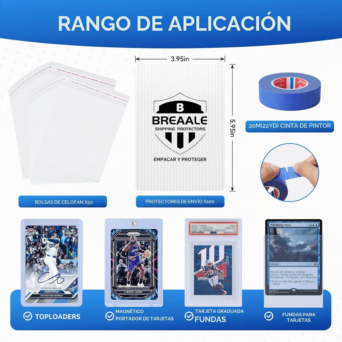 Kit de envío de tarjetas coleccionables, incluye 100 protectores de envío de tarjetas graduadas de 4 x 6 pulgadas, 50 sobres de burbujas de 6 x 8.7 pulgadas, cinta de pintor de 65.6 ft, 50