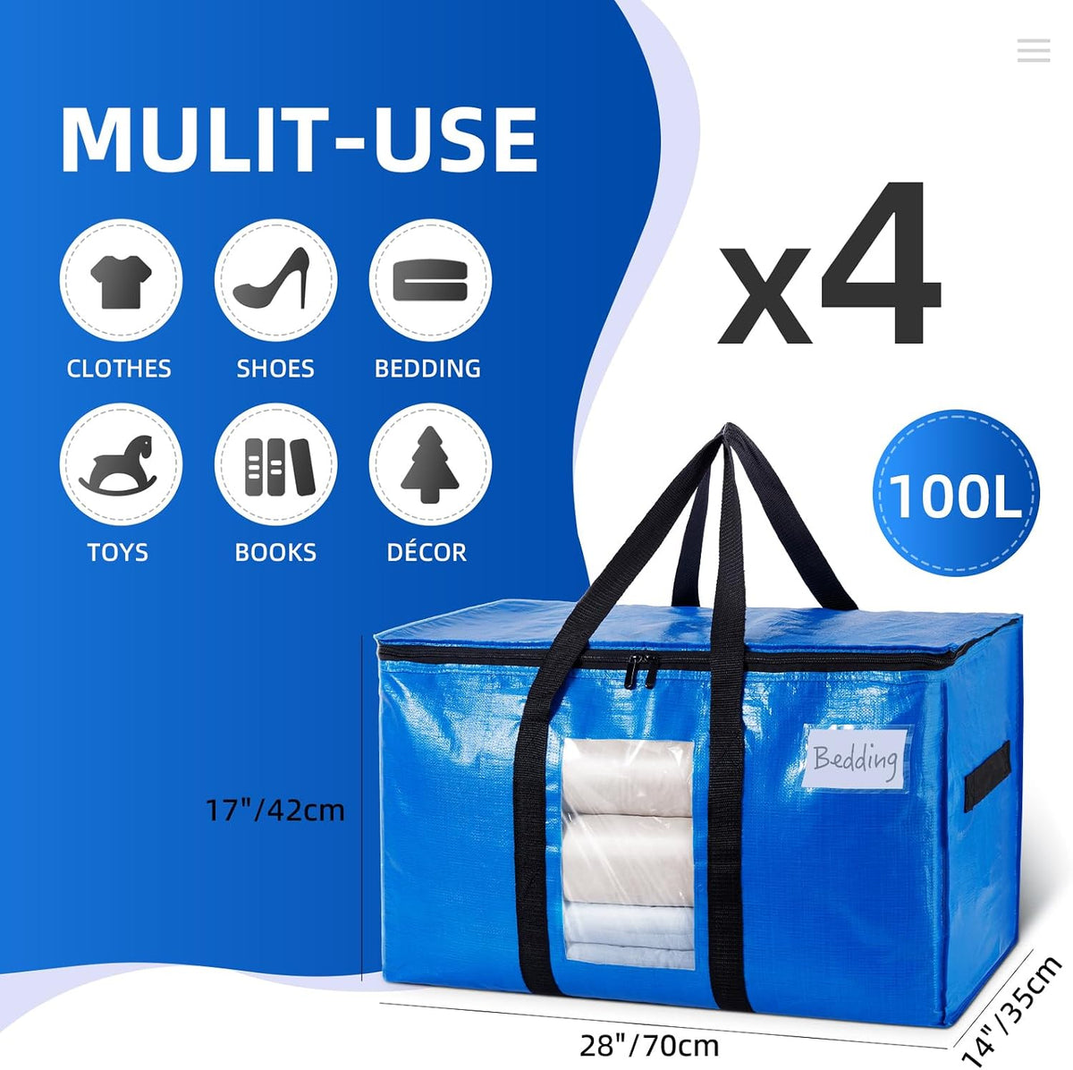 TAILI - Bolsas de mudanza extra grandes, paquete de 4 bolsas azules resistentes para almacenamiento con ventana visible, asas envolventes, almacenamiento y ahorro de espacio