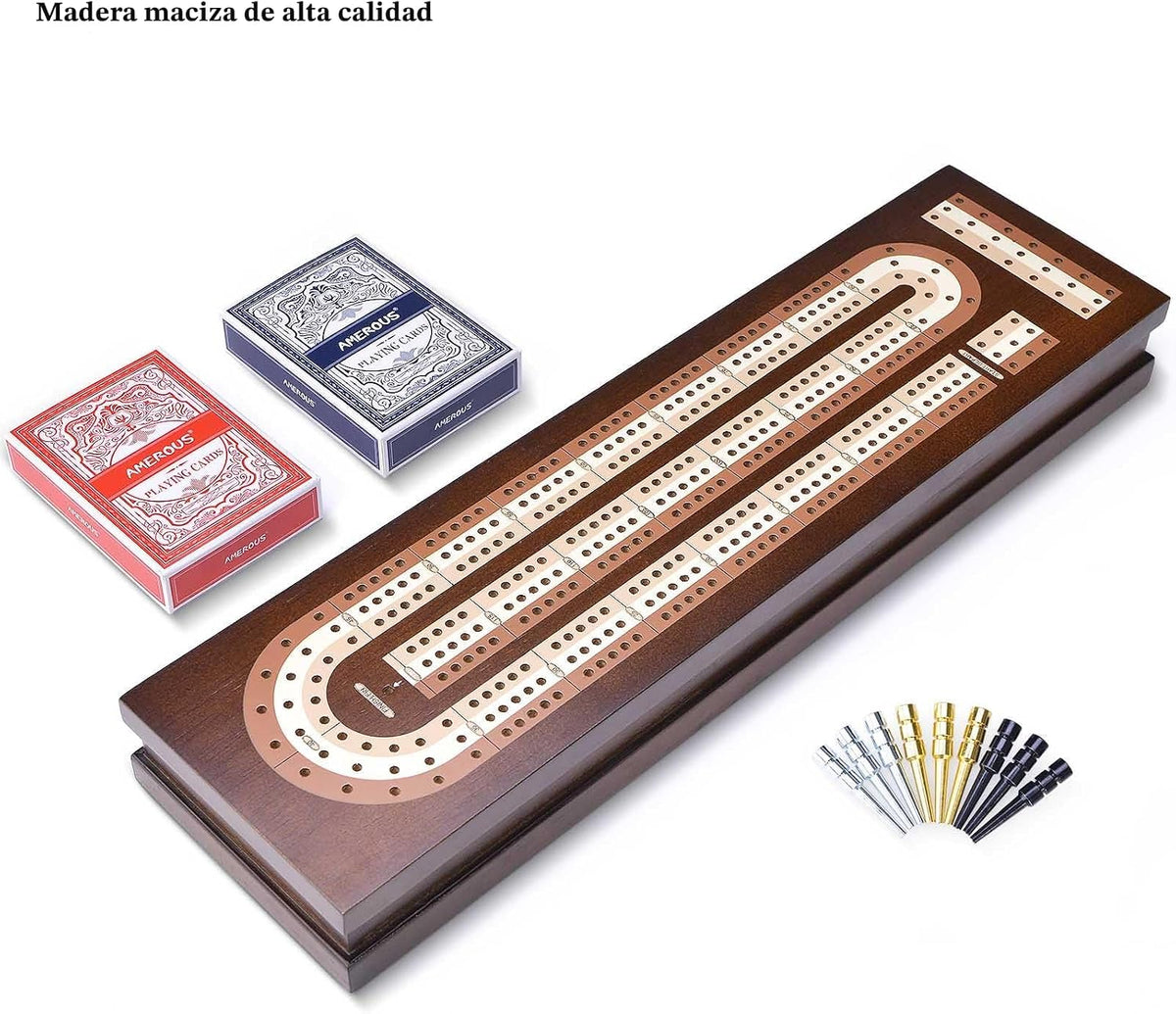 AMEROUS Juego de Cribbage de Mesa de Madera con Bloqueo Magnético - Clavijas de Metal - 2 Cartas de Juego - Tablero Continuo de 3 Vías - Área de Almacenamiento Más Grande, Juegos de Cribbage