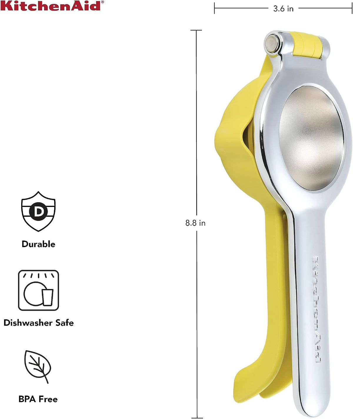 KitchenAid Prensa exprimidor de jugo cítrico para limones y limas con recolector de semillas y pico de vertido, limón, 8 pulgadas