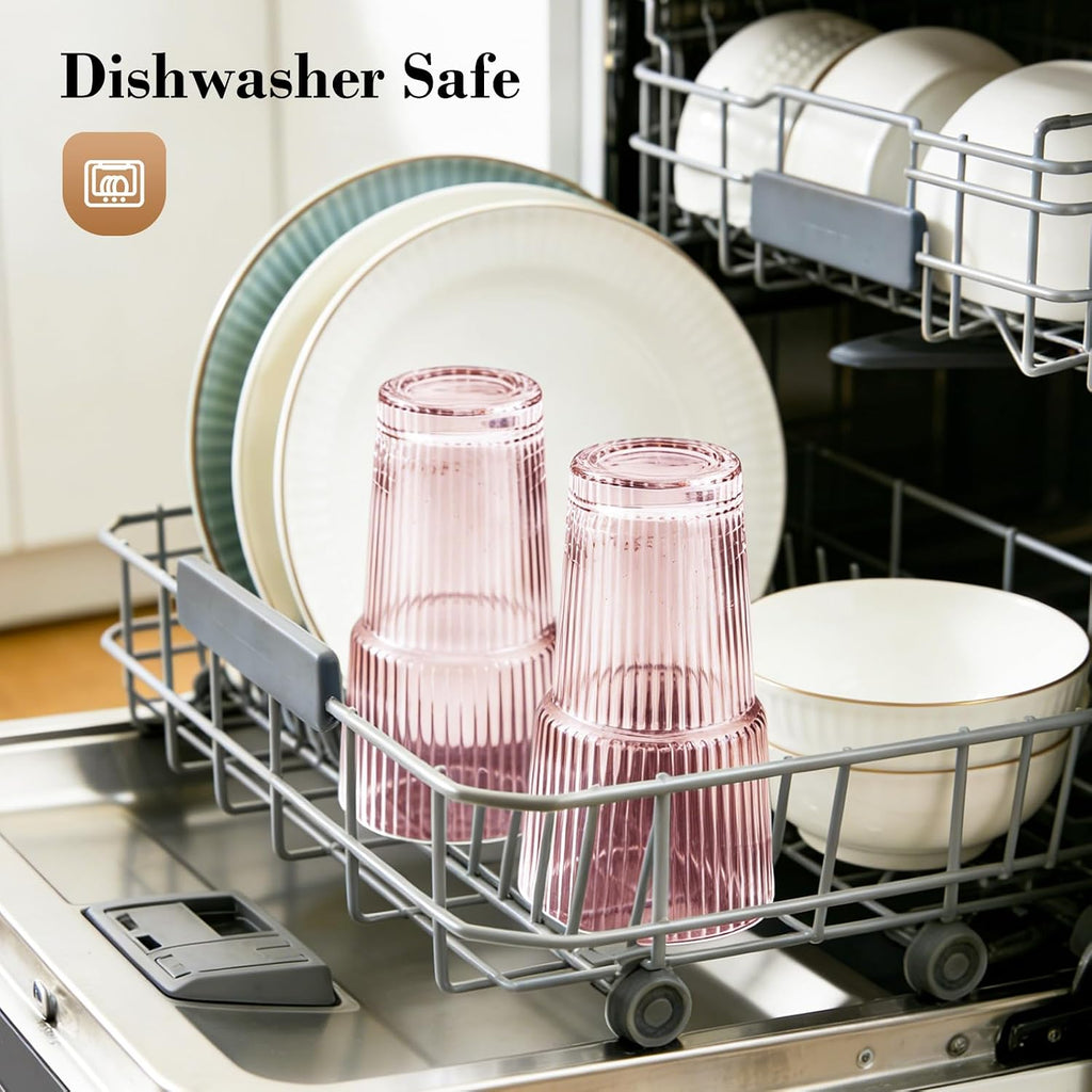 GOSCHE Vasos de vidrio rosa con tapas y pajitas, tazas de café helado de 20