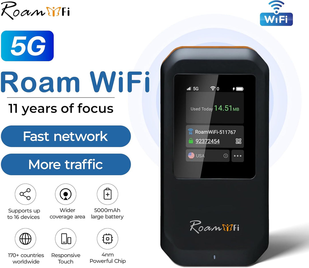 RoamWiFi 5G Mobile Hotspot WiFi6-4nm Chip | 10 GB US\/CA\/MX + 1 GB...