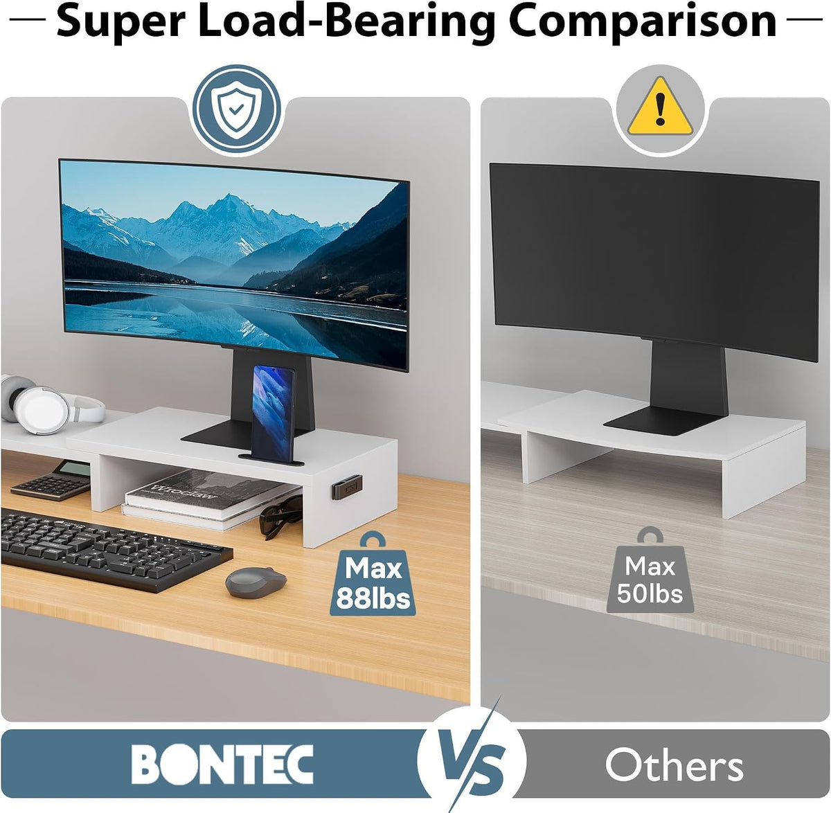 BONTEC Dual Monitor Stand Riser, Adjustable Length & Swivel Angle, blanco