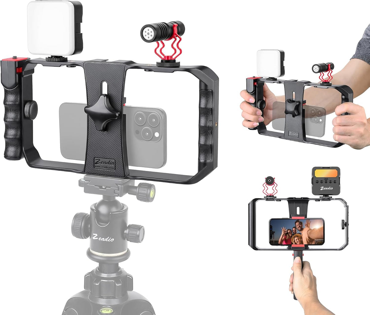 Zeadio Kit de aparejo de video para teléfono inteligente todo en uno, plataforma de jaula de teléfono variable con luz de video RGB, micrófono de escopeta, estabilizador de video universal para iPhone/Android, cinematografía, vlogging, YouTube, TikTok