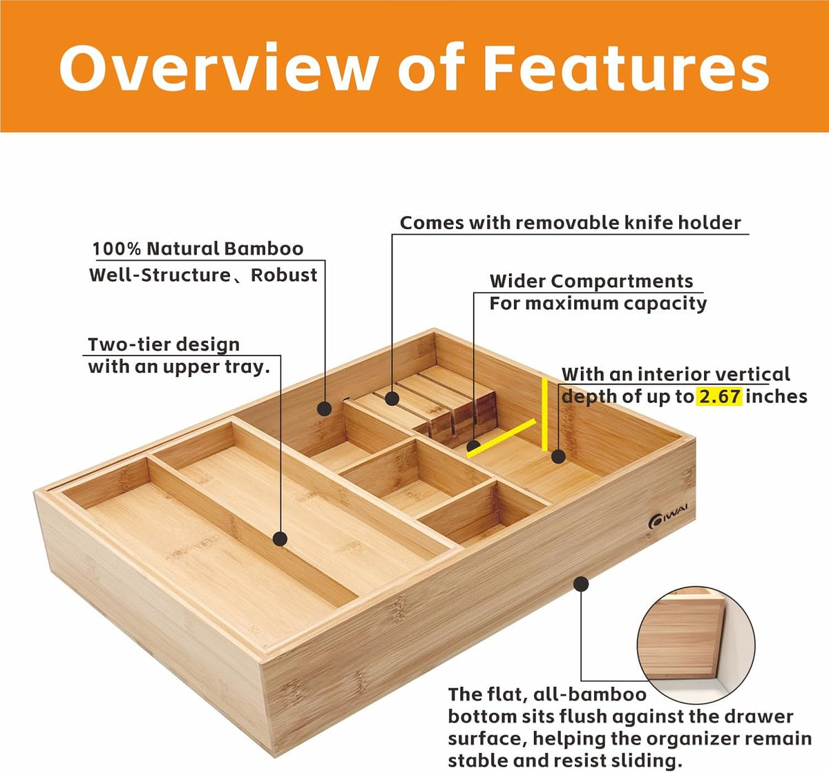 Organizador de cajones de cocina de bambú, 6 compartimentos anchos