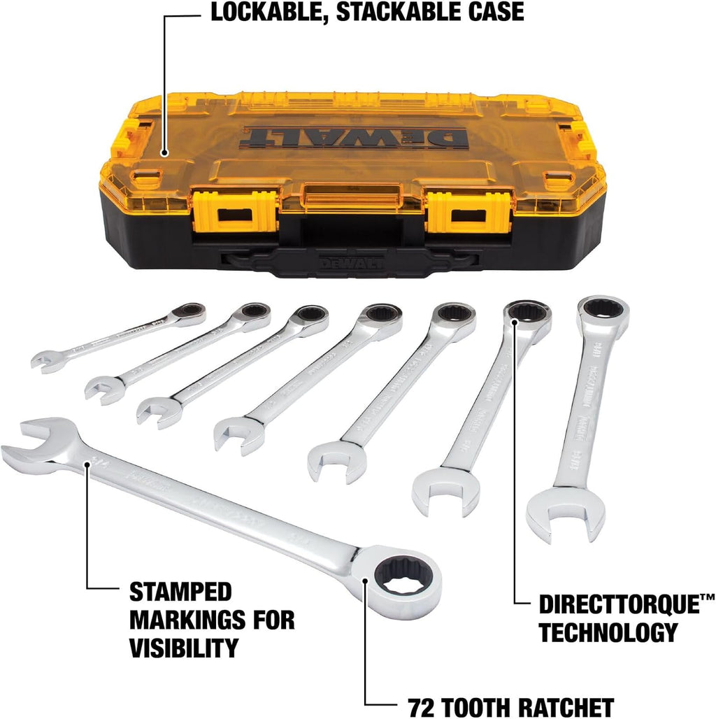 DEWALT Tough Box 8 PC SAE Juego de llaves combinadas de trinquete