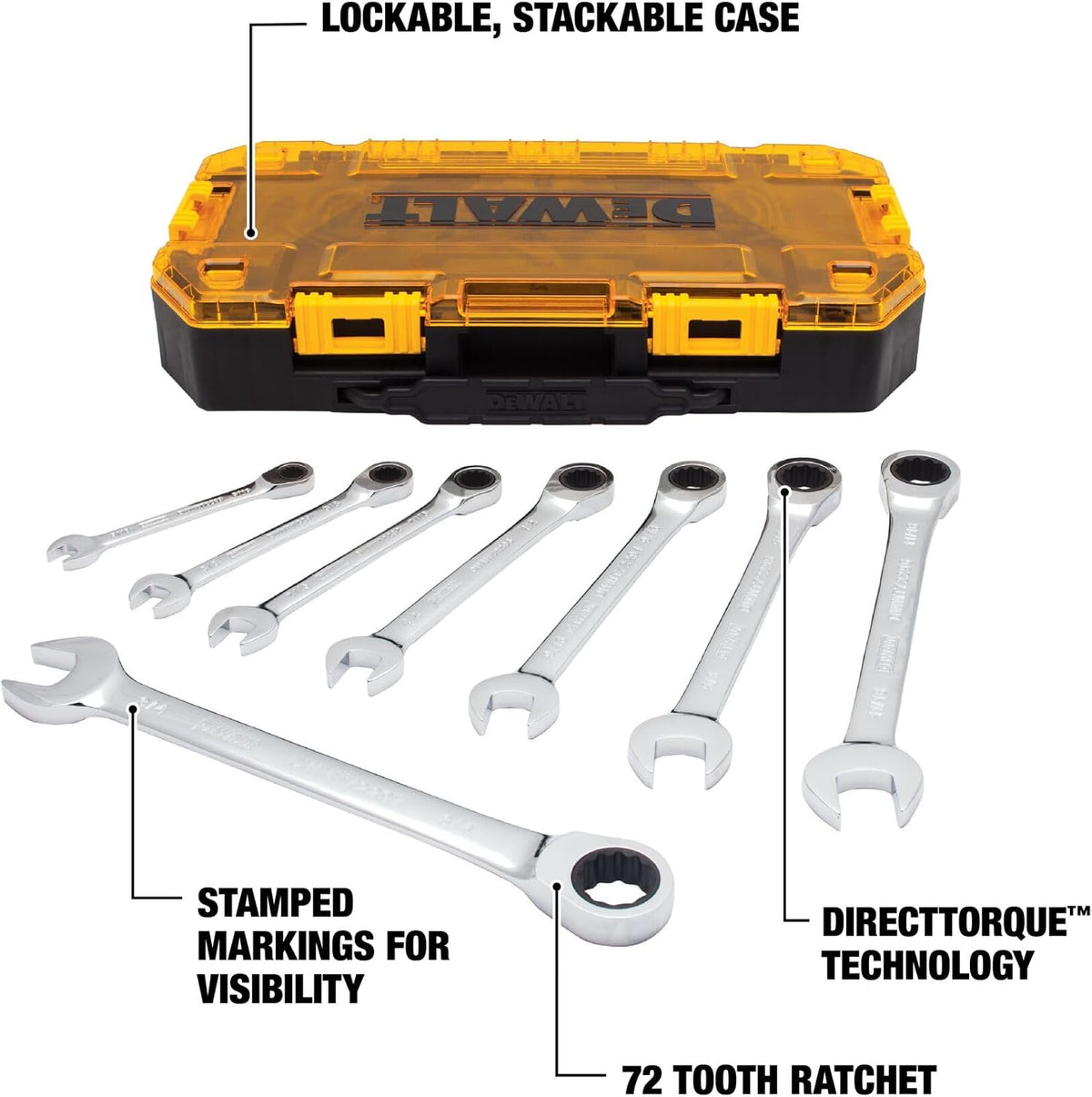 DEWALT Tough Box 8 PC SAE Juego de llaves combinadas de trinquete