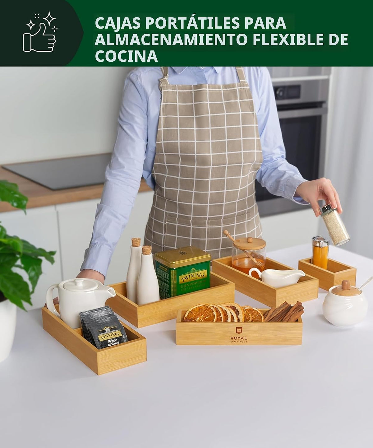 ROYAL CRAFT WOOD Juego de organizador de cajones de bambú de 5 piezas, bandejas de almacenamiento multiusos para cocina, baño, oficina, maquillaje, joyas y más, bandeja de cajón de basura, soporte