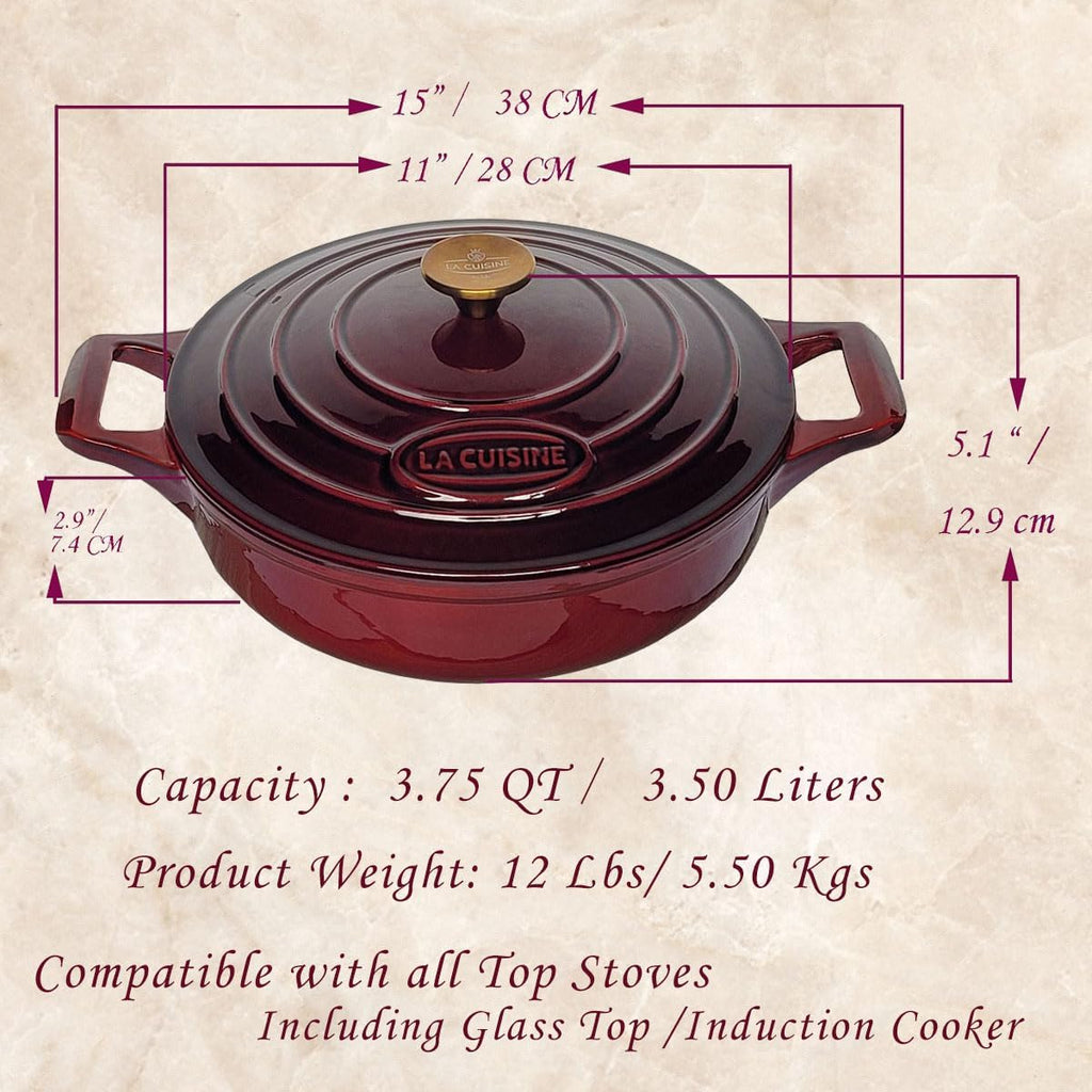 La Cuisine - Sartén de hierro fundido esmaltado, horno holandés poco profundo con perilla dorada para tapa interna esmalte negro mate, 3.75 cuartos de galón de 11 pulgadas de diámetro, apto para horno 550°F/528.8 °F, arándano