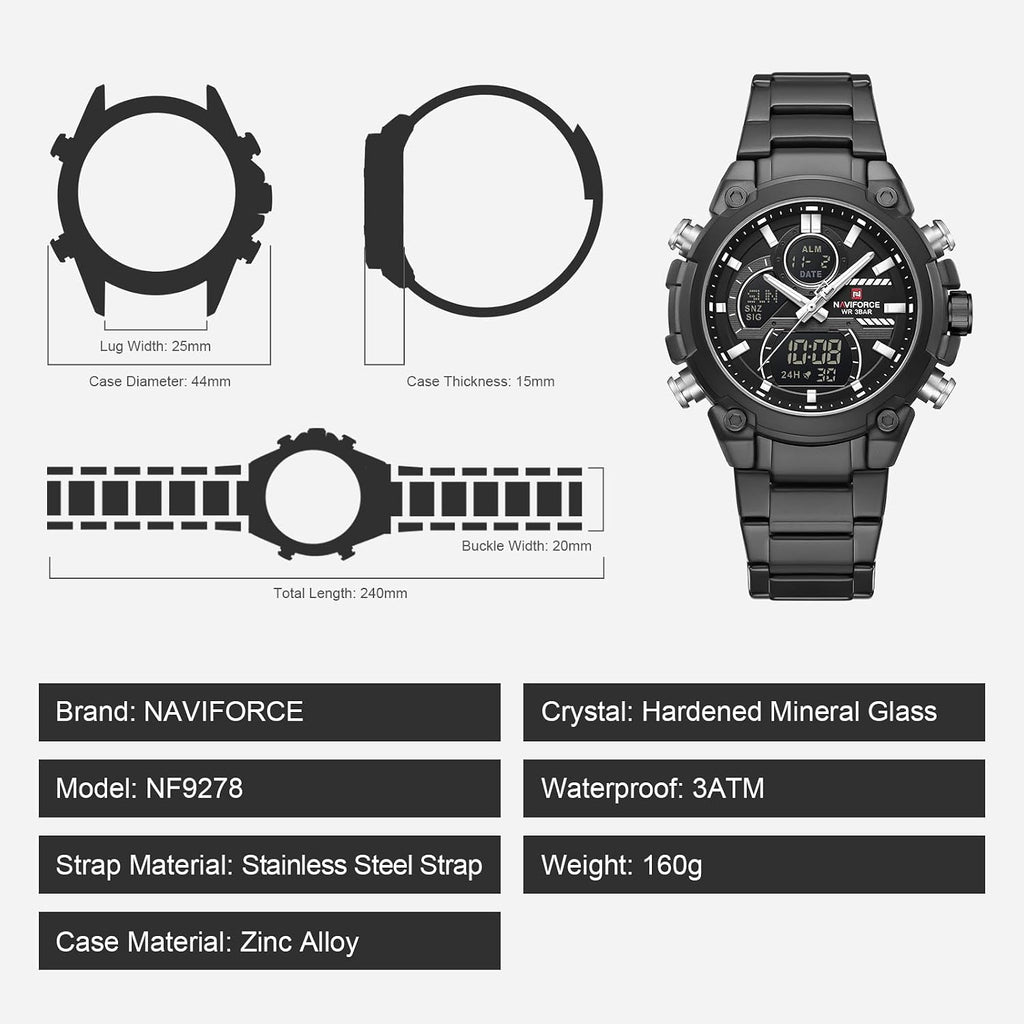 NAVIFORCE Relojes digitales multifunción, reloj analógico impermeable 3ATM para hombres, reloj de pulsera de lujo luminoso, regalo
