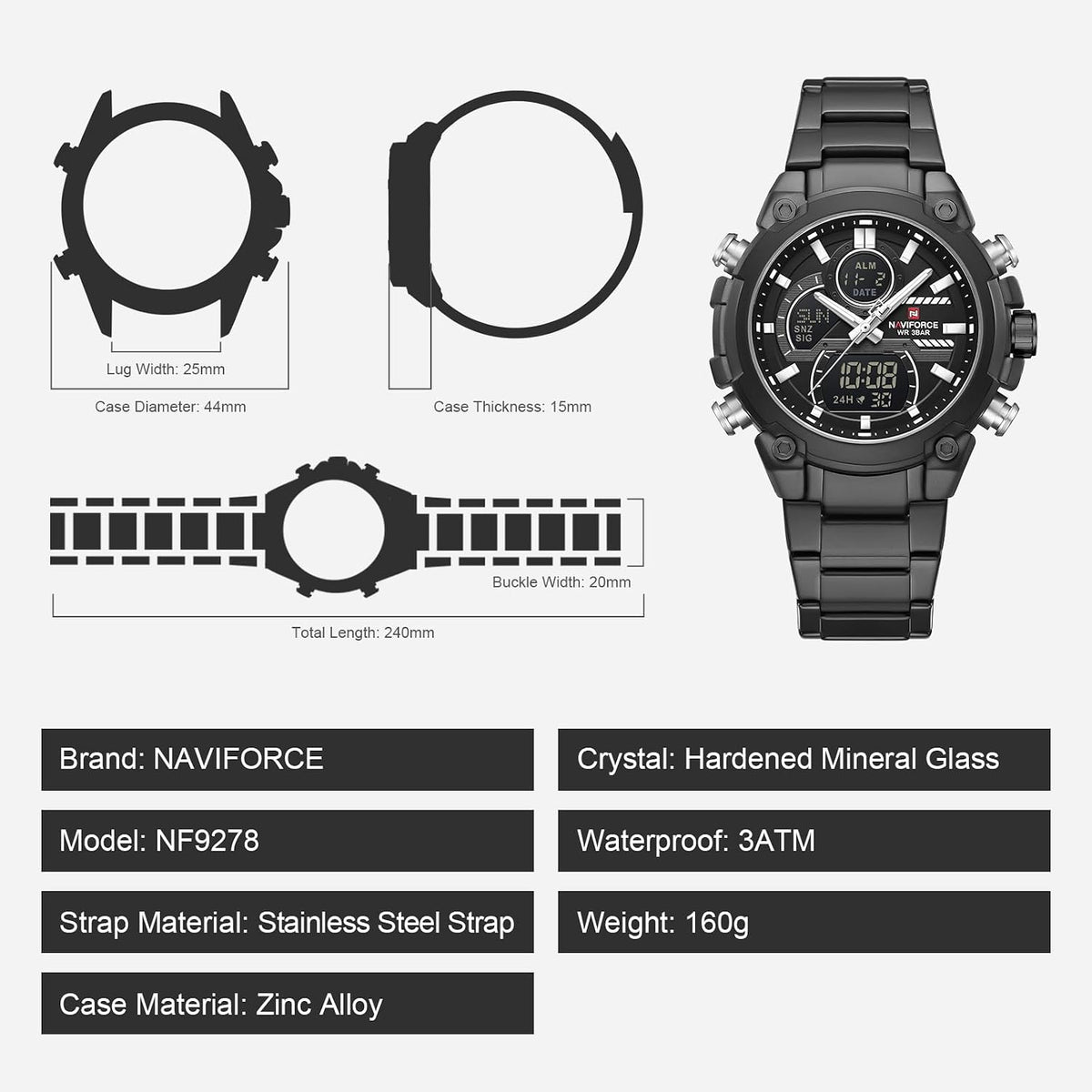 NAVIFORCE Relojes digitales multifunción, reloj analógico impermeable 3ATM para hombres, reloj de pulsera de lujo luminoso, regalo