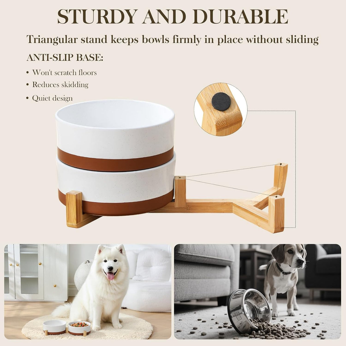 MALACASA Juego de cuencos para perros con soporte de madera, 6 tazas para alimentos y agua para perros de tamaño mediano a grande, cuencos de cerámica para mascotas con base antideslizante pesada, cuencos básicos para tu perro, 58 onzas