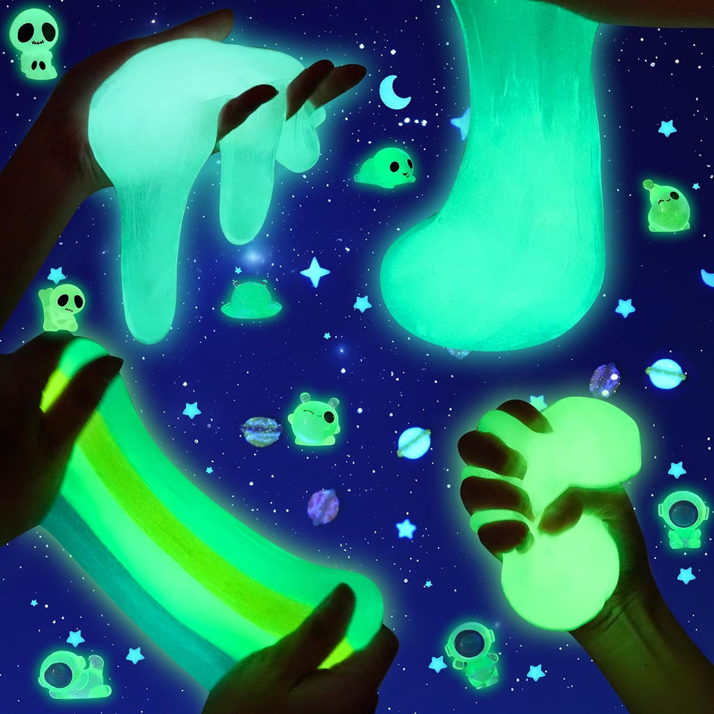Paquete de 9 unidades de slime Galaxy que brilla en la oscuridad, slime espacial con dijes de astronauta, alienígenas y ovni, juego de limos de bricolaje, juguetes sensoriales, regalos de fiesta para niños