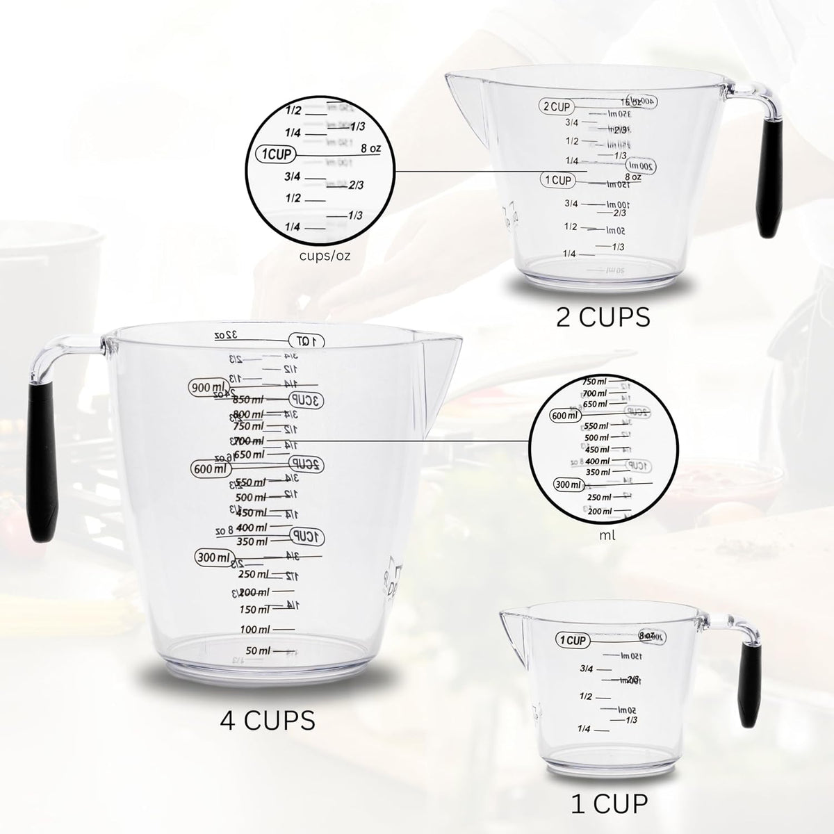 Dalup Juego de Tazas Medidoras – Tazas Medidoras de Plástico Transparente para Líquidos (8/16/32 oz) con Busque y Asa Antideslizante | Juego de 3 Tazas Medidoras de Plástico para Líquidos y Ingredientes Secos