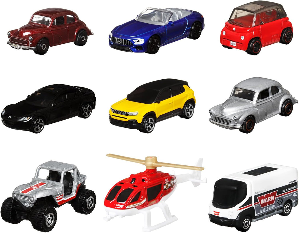 Matchbox Paquete de 9 autos de juguete fundidos a presión a escala 1:64, camiones de construcción o basura, vehículos de rescate o aviones (los estilos pueden variar)