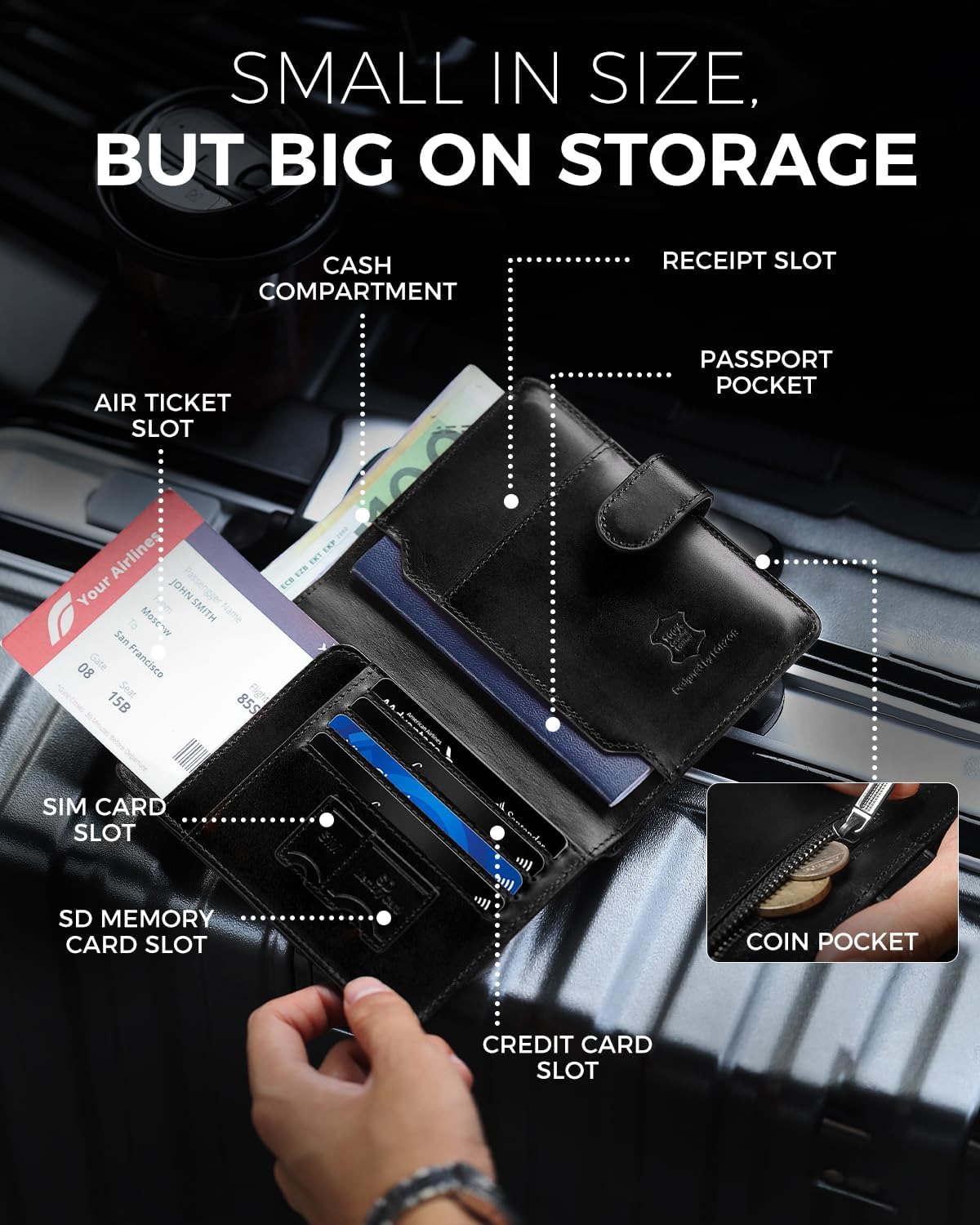 Soporte para pasaporte para familia de viajes: Cartera de cuero de grano completo para pasaporte para hombres - Cartera delgada con hebilla magnética con bloqueo RFID para billete aéreo SIM