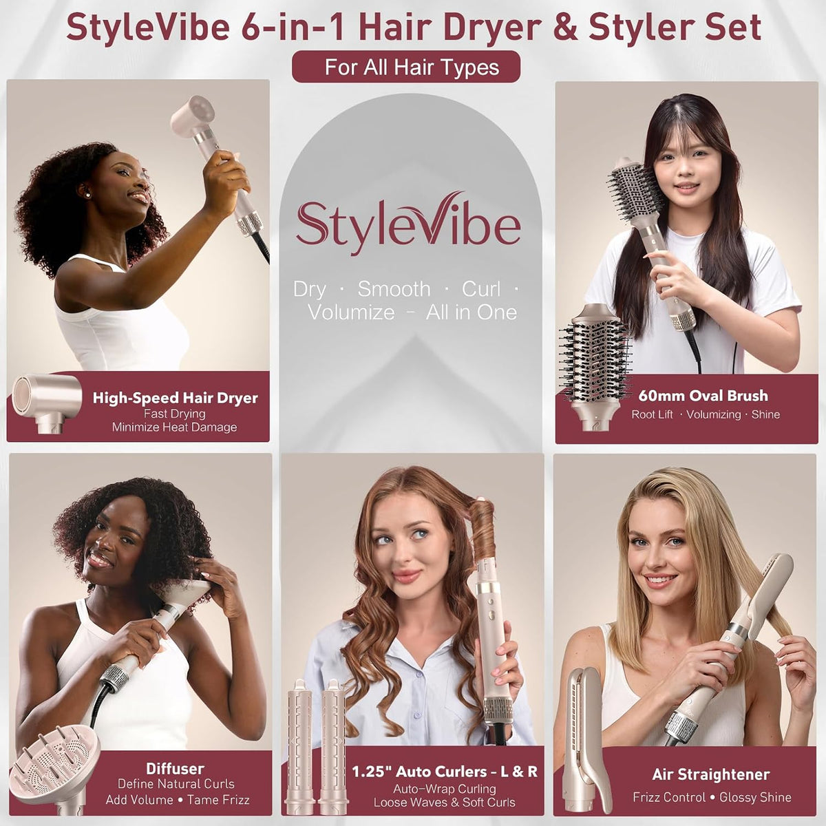 Mythsight StyleVibe - Moldeador de aire 6 en 1 con secador de pelo y rizo