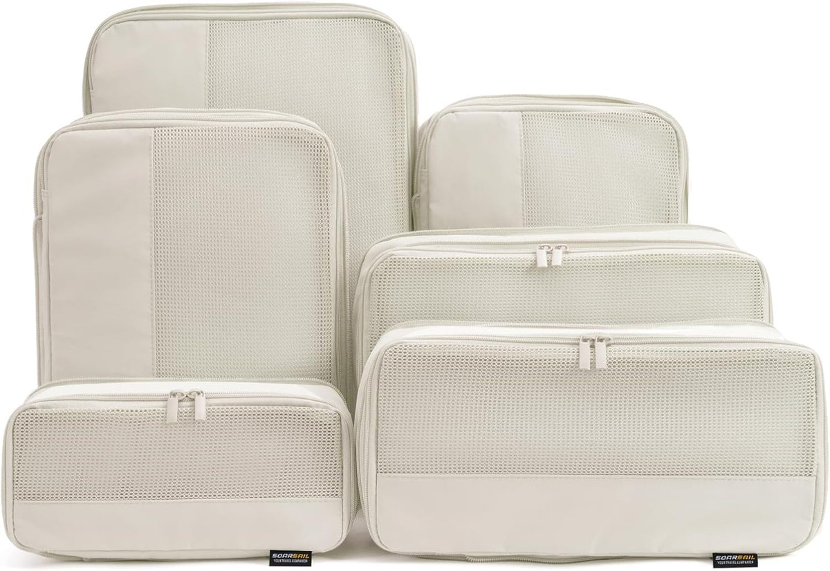 Cubos de embalaje de compresión para viajes, juego de 4 cubos de embalaje ligeros para maletas y mochilas, organizador que ahorra espacio para ropa, Blanquecino 6, Paquete de 6